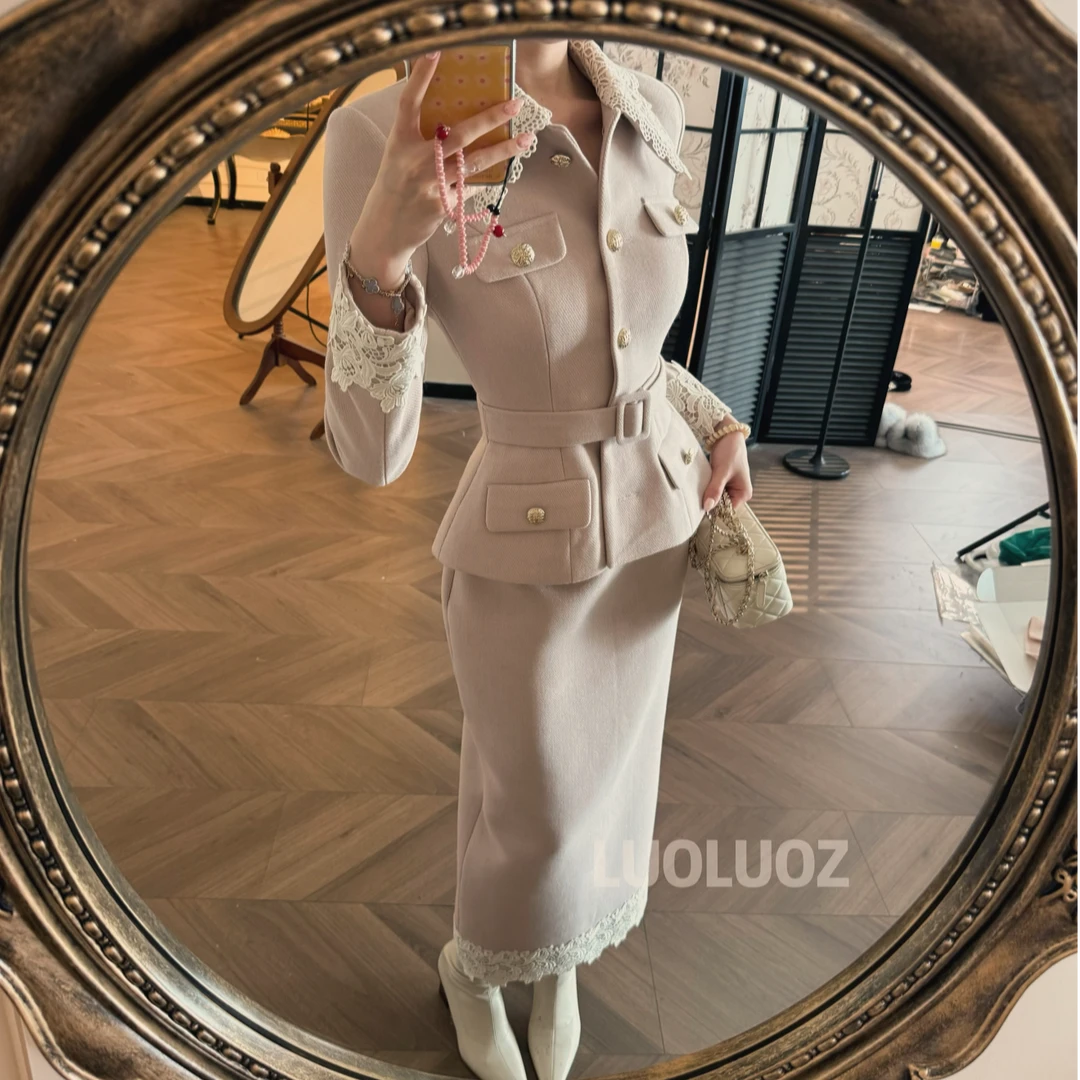 LUOLUOZ【洛桑岛】绵羊毛秋冬收腰上衣外套＋半身长裙两件套Cc258