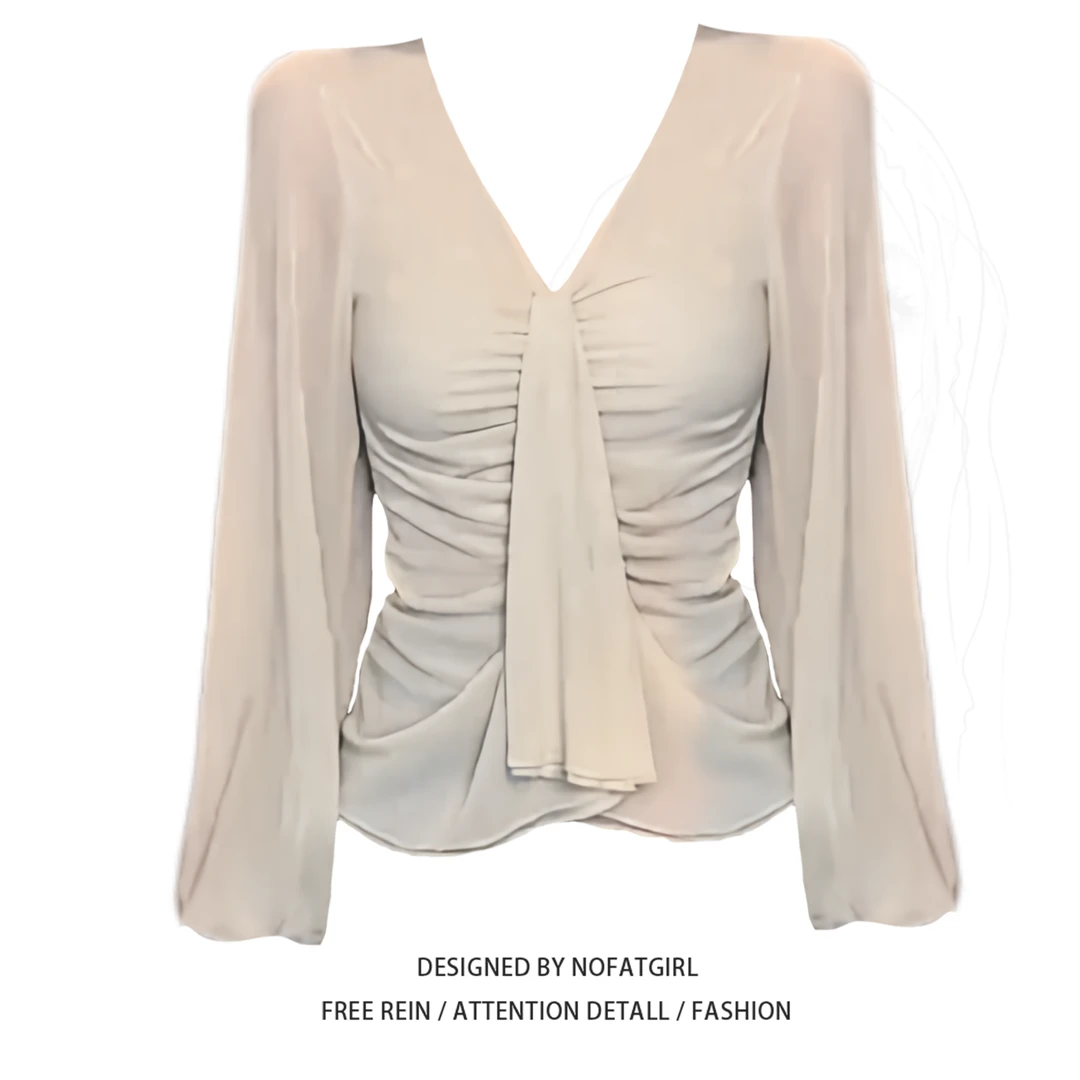 大码胖MM纯欲风V领长袖T恤女秋季新款设计感小众别致绝美修身上衣