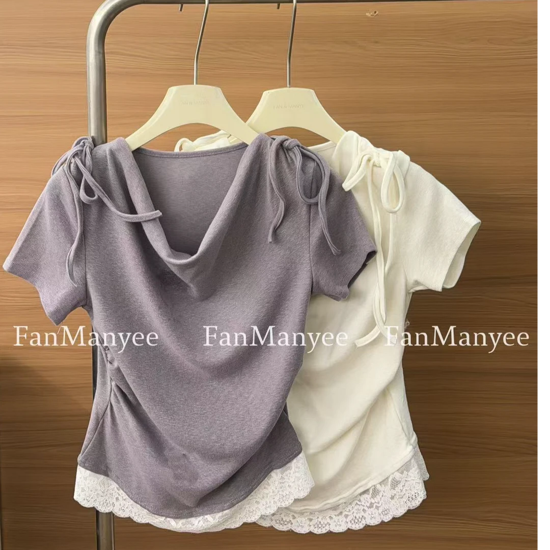 【巴黎甜梦】夏季韩系绑带设计感拼接蕾丝辣妹短袖修身上衣