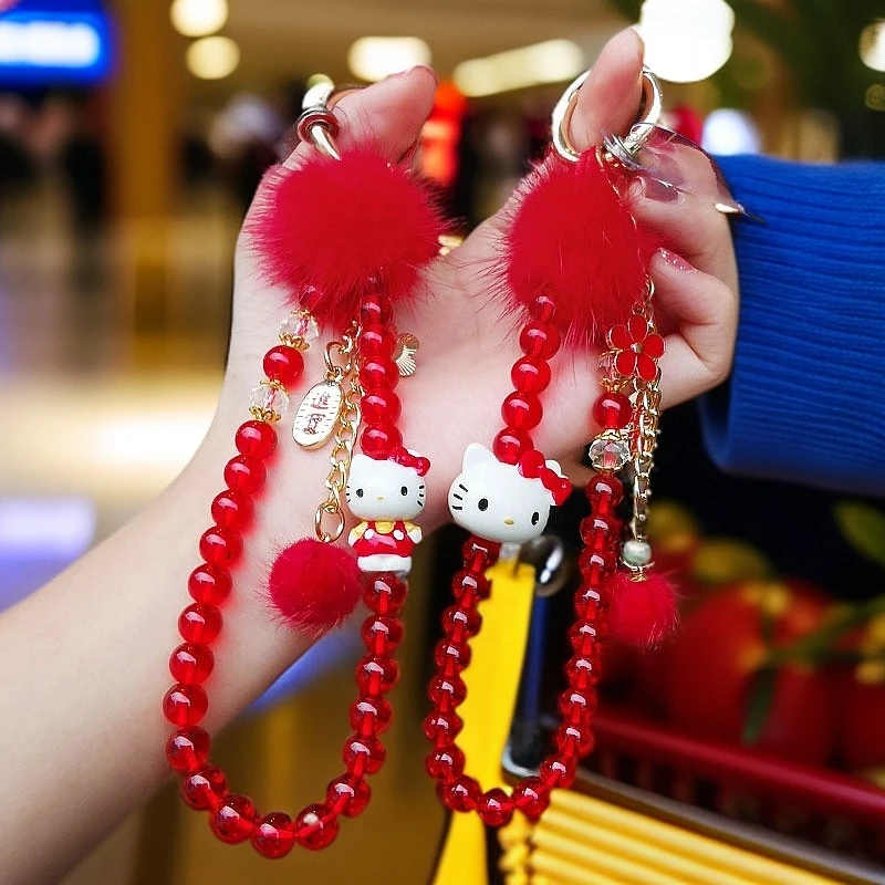 新年款红色串珠手机链时尚卡通猫咪毛球手机挂绳短款手腕手提挂链