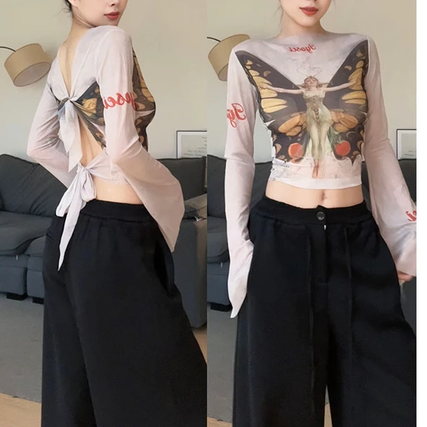 【年终特价】辣妹网纱绑带正反两穿设计感小众性感长袖上衣