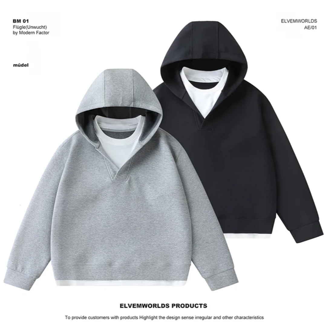 假两件设计长袖v领连帽百搭宽松卫衣男女休闲同款