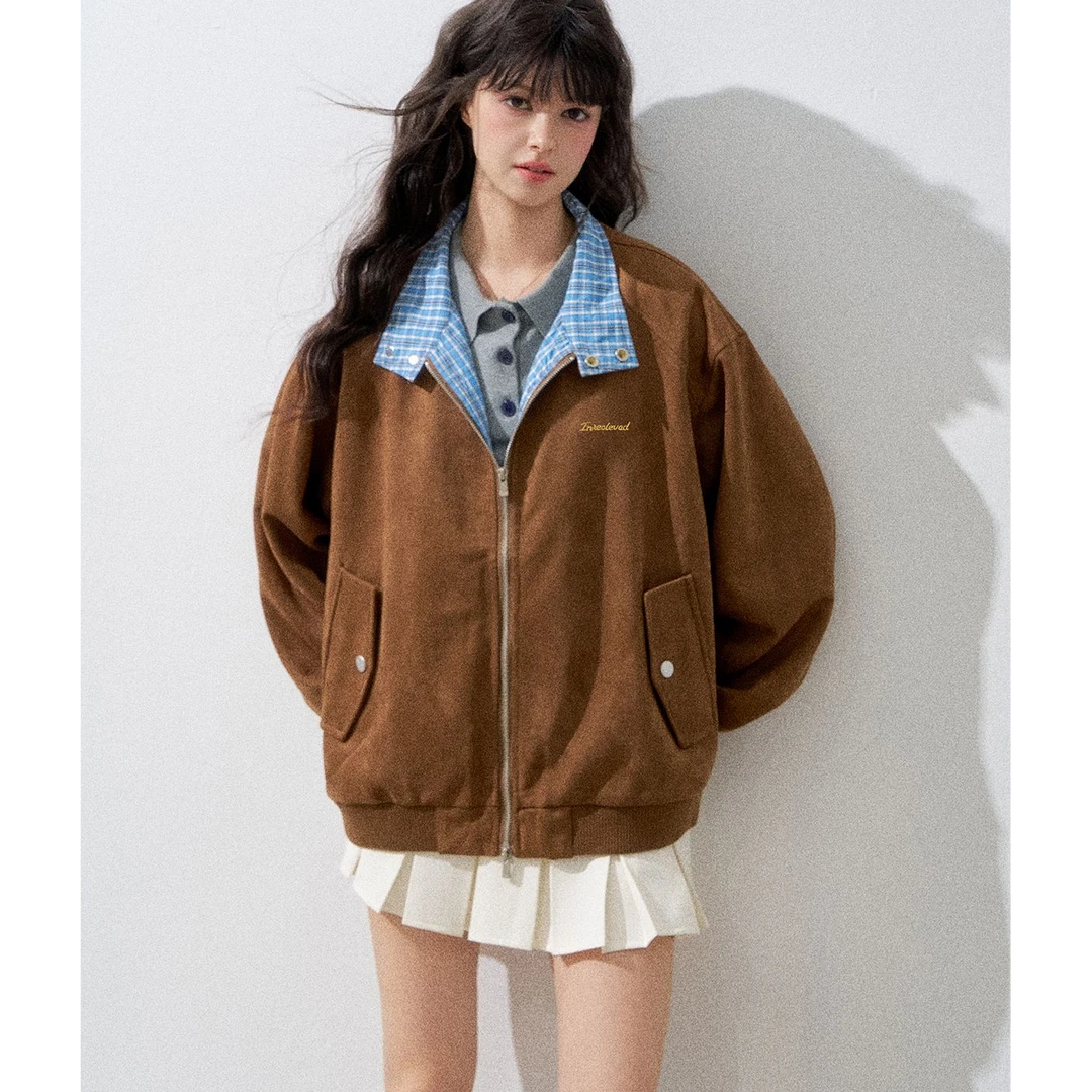 美式复古格子拼接咖色麂皮绒外套女秋季宽松百搭美拉德棒球服夹克