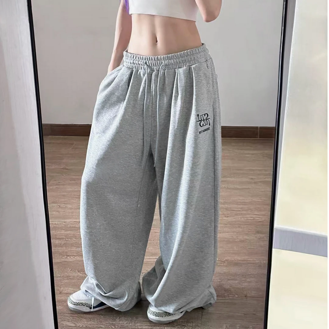 草莓熊 美式毛圈W5原创刺绣宽松阔腿裤夏季褶皱松紧腰休闲裤男女