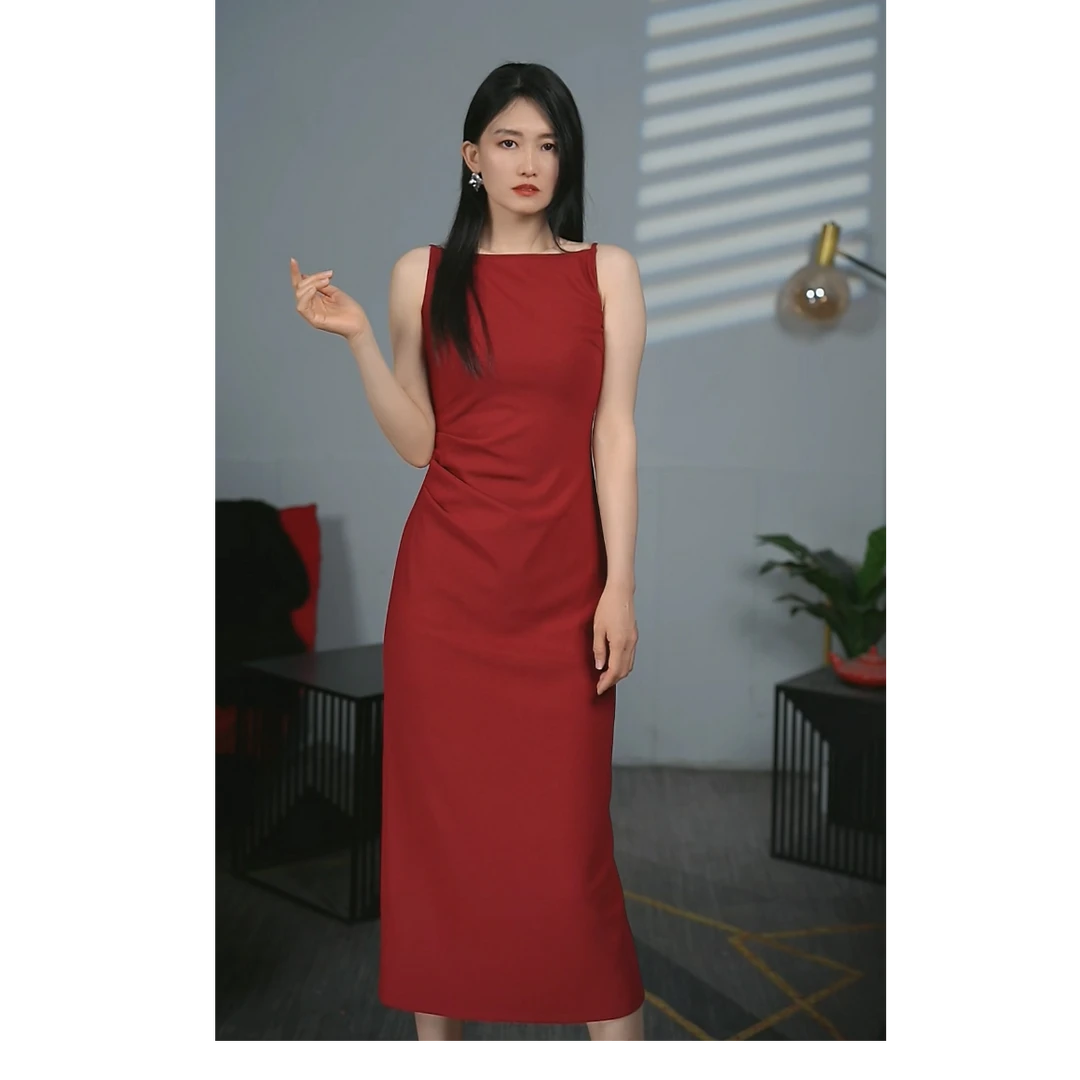 吊带一字领老钱风长裙吊带露肩连衣裙旗袍显瘦裙子修身夏季气质