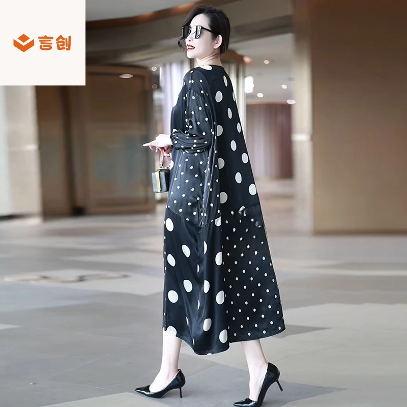 312时尚大码女装大牌拼色大圆点醋酸丝缎中式连衣裙春夏减龄长裙