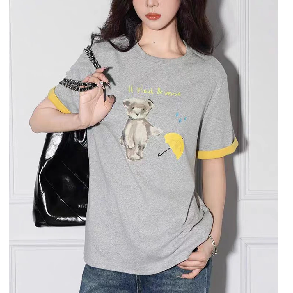 【大码】8127韩系灰色圆领正肩设计感撞色印花短袖女初夏穿搭