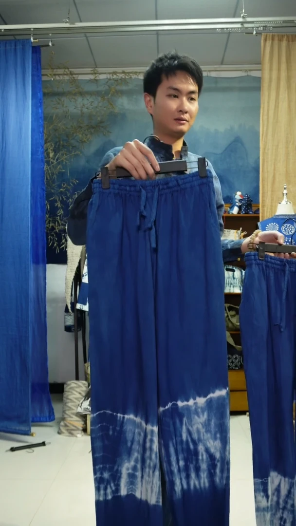 织绣手工植物染土布长裤
