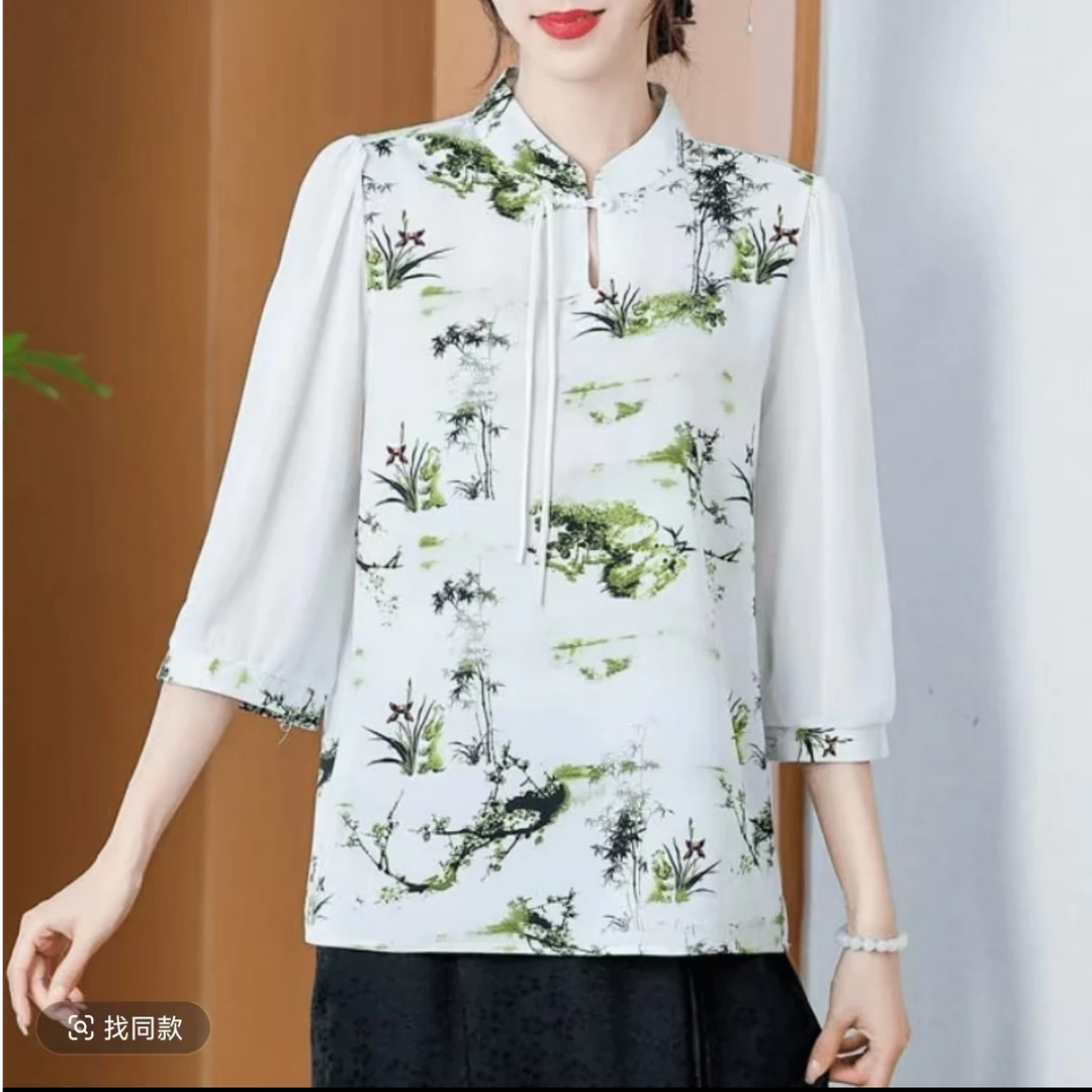 696-显瘦洋气休闲中年宽松中式中国风印花气质