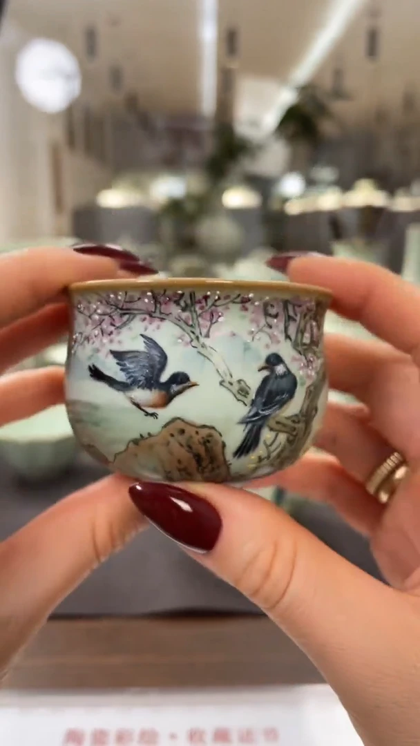 周泽堂粉青余秀华彩绘-圆融杯（桃花喜鹊）