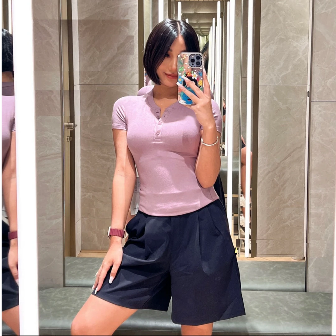 LU新品女士高腰褶皱短裤四面弹西装短裤纯色丝滑垂感面料柔软亲肤