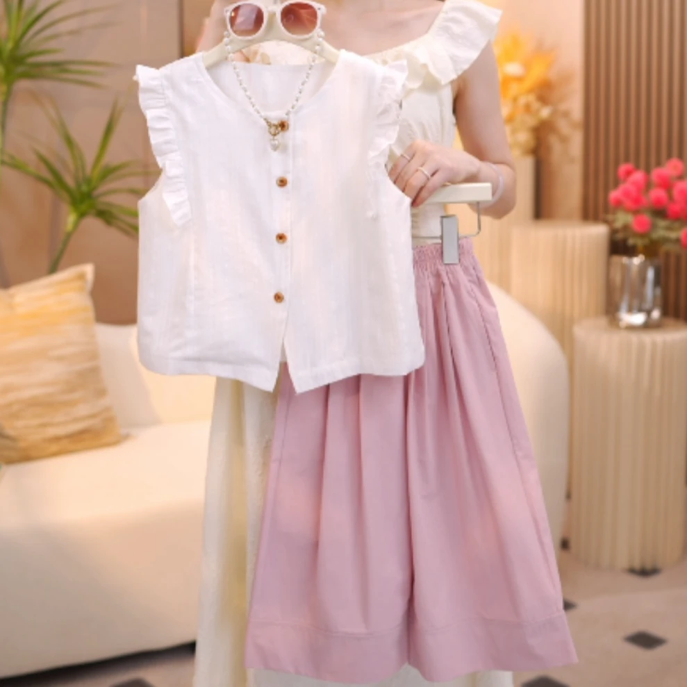 女童2025夏装新品洋气提花木耳边气质上衣+休闲阔腿裤套装