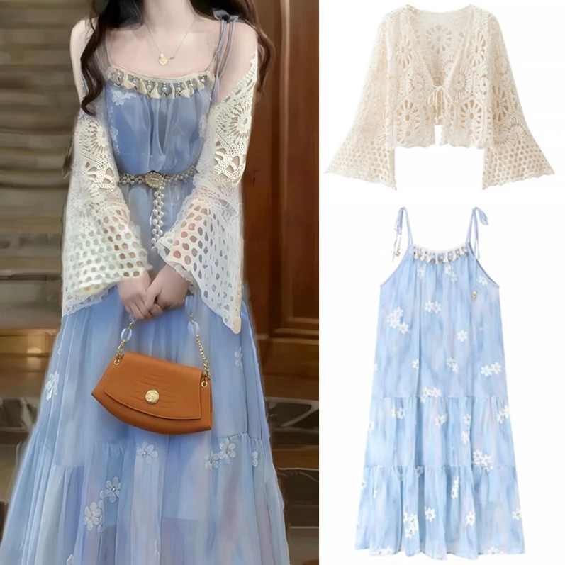 孕妇装法式度假风夏季连衣裙套装超仙吊带长裙子镂空针织衫两件套