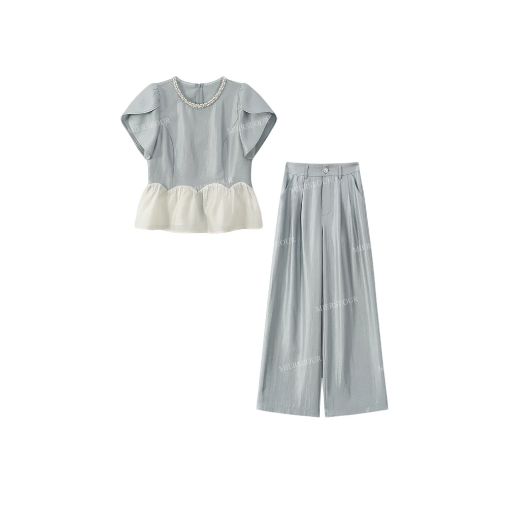 【封后轻奢设计】【威尼斯晴空】荷叶边短袖气质套装0916