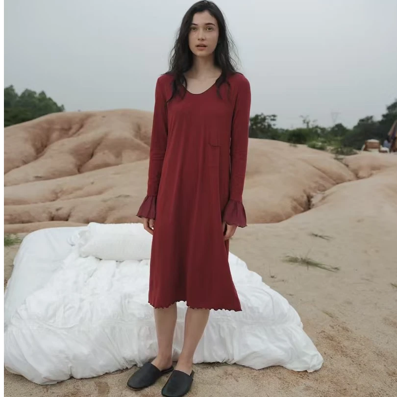 女士单面绒长袖中长款睡裙红色时尚气质睡衣女款爆款2025新款