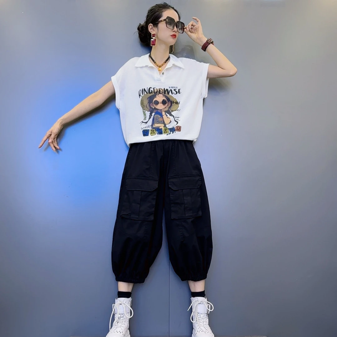 X5-1夏款六个色卡通印花三色短袖-对称口袋设计灯笼裤