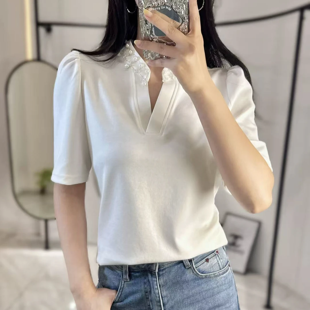 9541 夏季新款法式设计感V领五分袖透气薄上衣