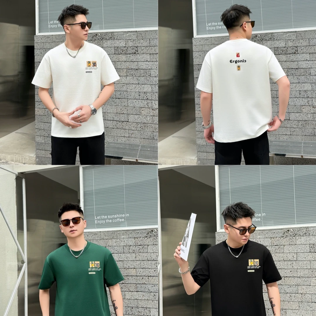 【唠叨哥】夏季新品时尚洋气百搭刺绣工艺落肩圆领短袖T恤半袖7819