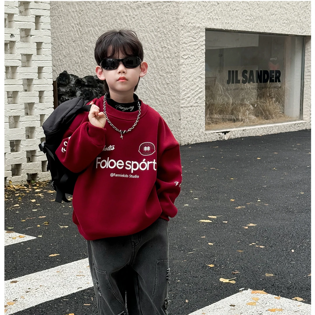 2024儿童冬款加厚圆领卫衣美式字母印花加绒加厚圆领男童卫衣