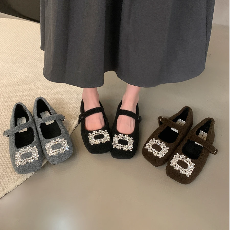 女士气质玛丽珍鞋女加绒法式晚风方头水钻呢子毛毛鞋女冬平底单鞋