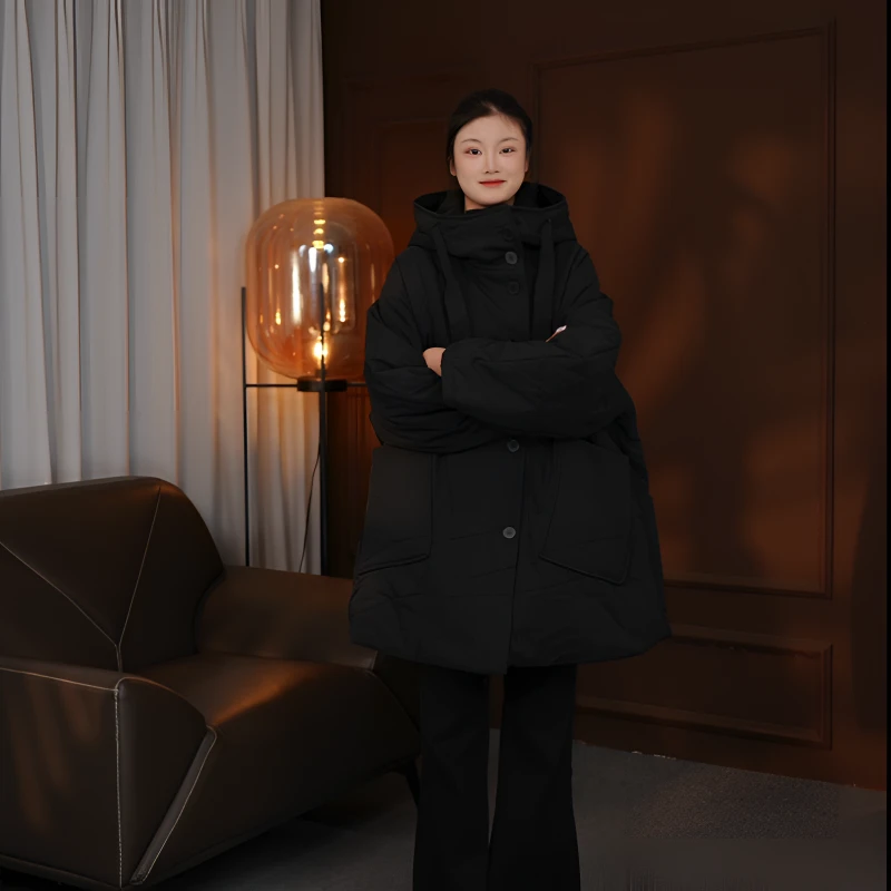 秋冬新款韩系设计感女款棉服中长时尚百搭文艺连帽款保暖宽松休闲