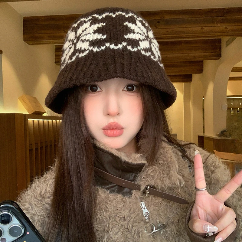 费尔岛风针织毛线帽子女款2025冬季新款加厚保暖防风大头围渔夫帽