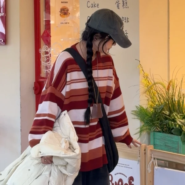 【赵哈哈】条纹毛衣套头针织衫宽松大版日系百搭上衣慵懒风
