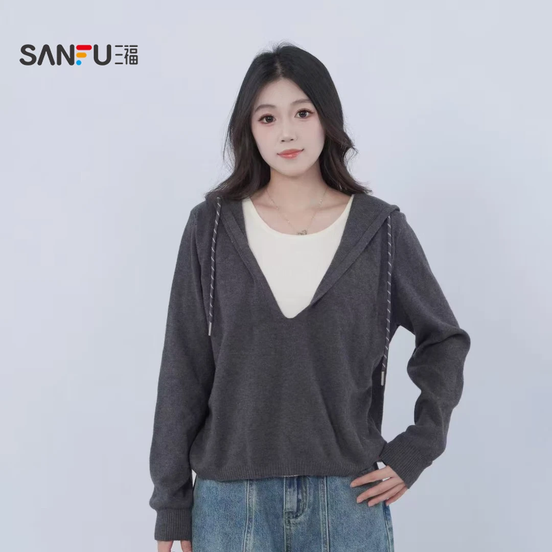 三福 冬季韩系连帽假两件设计师款上衣显瘦百搭休闲卫衣514073