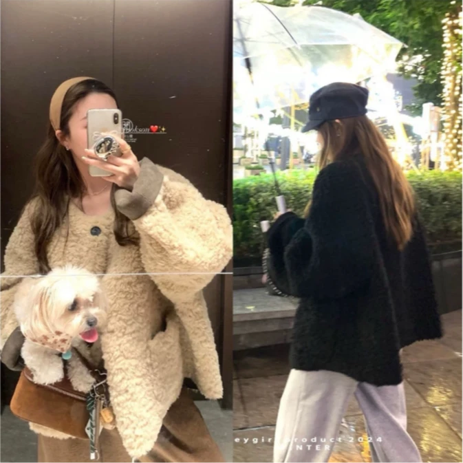 短款宽松慵懒毛毛外套女冬保暖休闲上衣皮毛一体外套