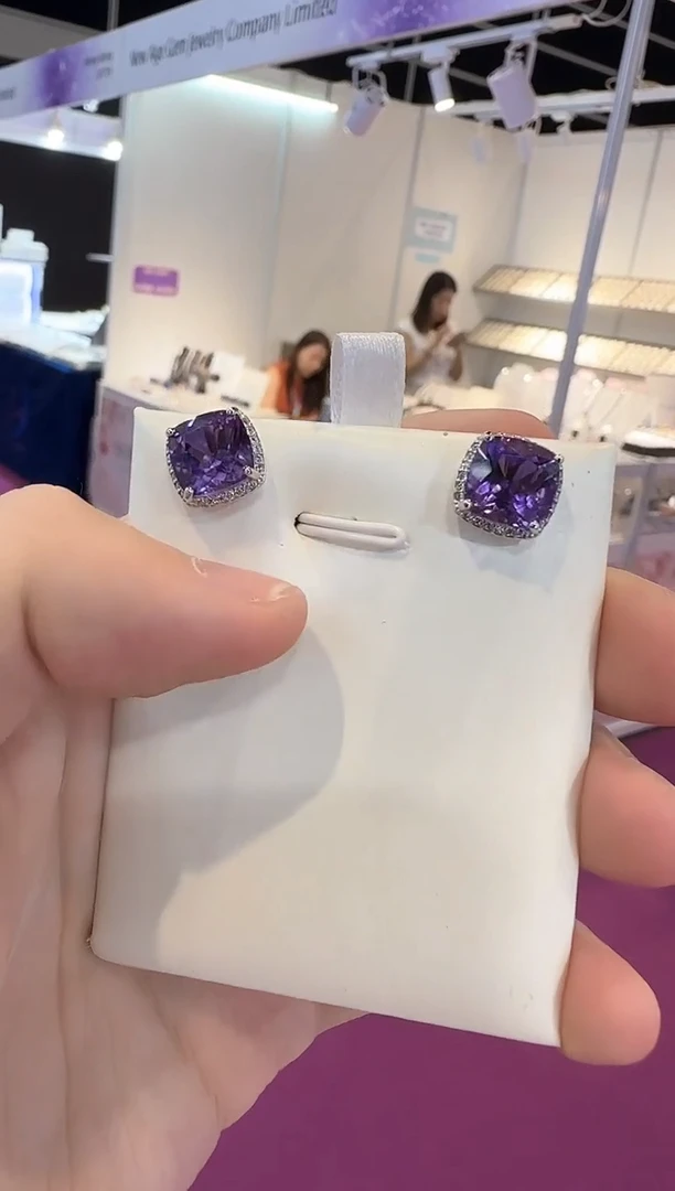 银S925镶嵌耳饰紫晶10mm耳钉简约帝王紫