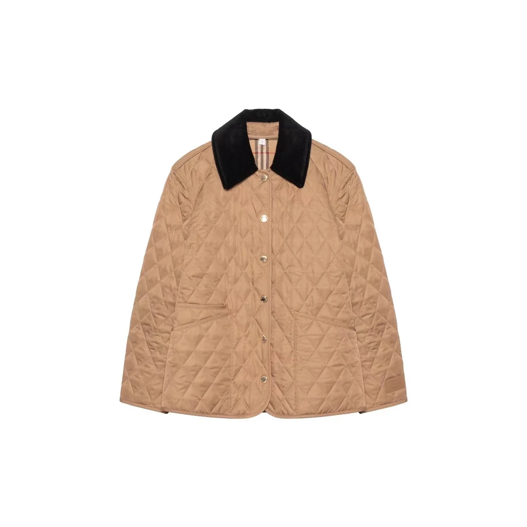 Burberry博柏利 拼色灯芯翻领格纹绗缝长袖棉服 女款驼色80651081