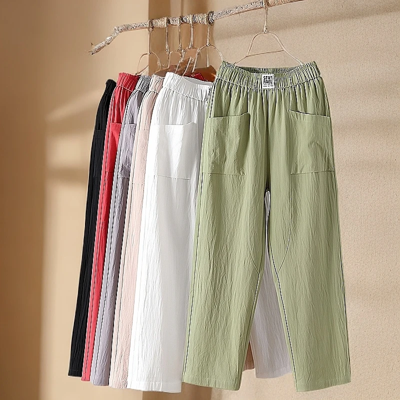 复古棉麻休闲裤高腰显瘦百搭宽松大码亚麻夏季薄款九分哈伦裤子女