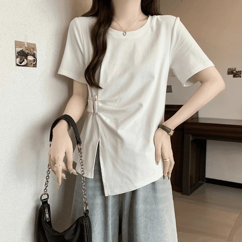 正肩短袖T恤女夏季新款大码胖mm设计感别致不规则遮肚子显瘦上衣