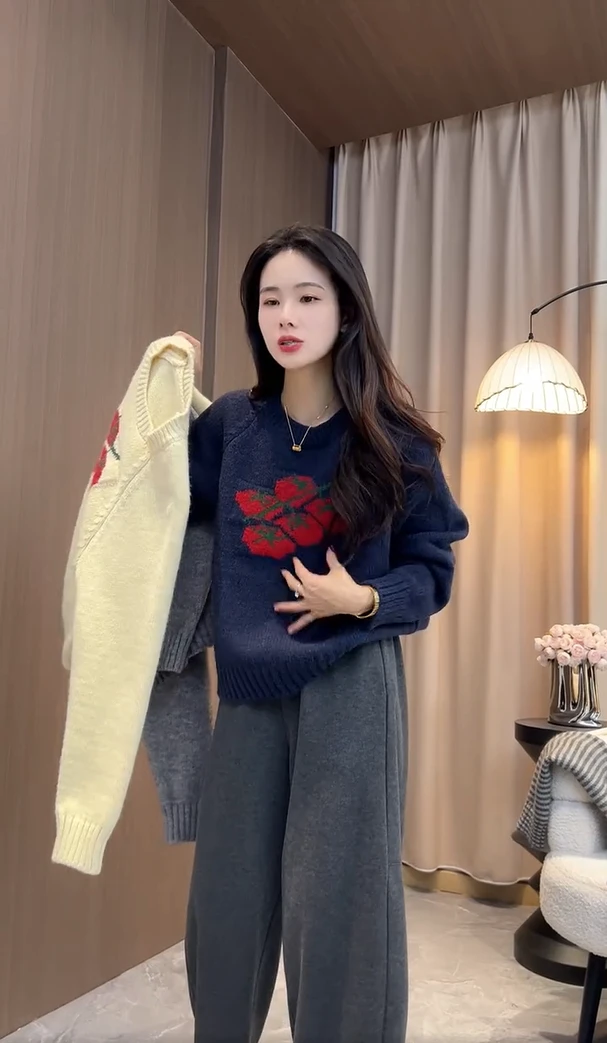 休闲百搭时尚西红柿毛衣韩系甜美提花长袖圆领套头针织衫上衣女