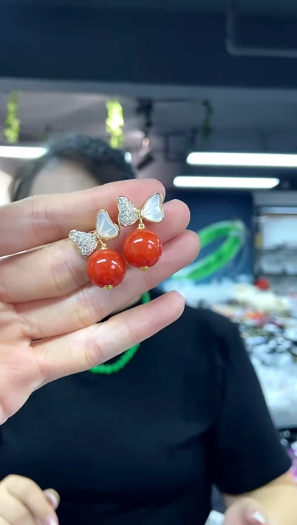银S925镶嵌南红玛瑙耳饰多样性发其一颜色微差