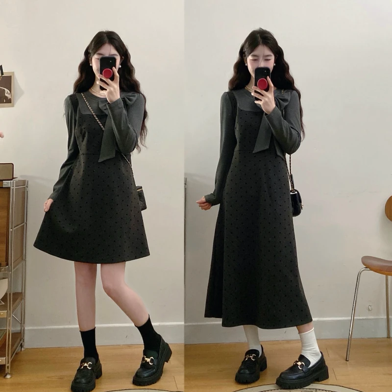 大码秋冬新款法式蝴蝶结系带灰色假两件波点连衣裙气质甜美小裙子