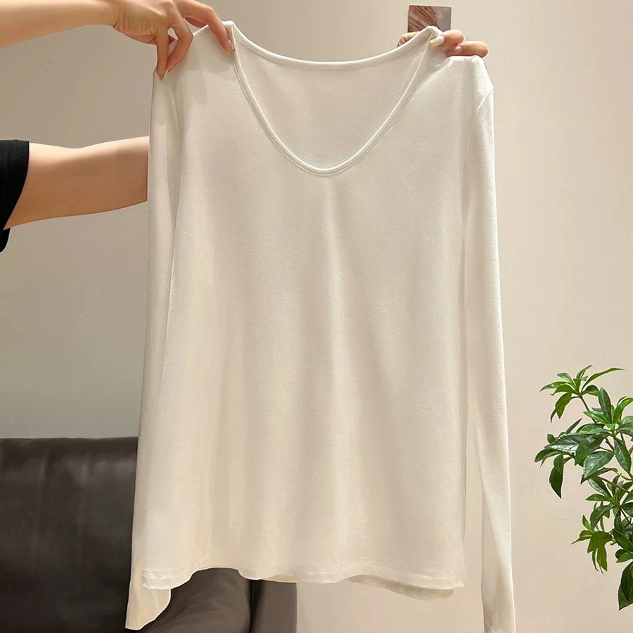 白色纯欲v领露锁骨长袖女早秋chic宽松慵懒风T恤垂感打底上衣内搭