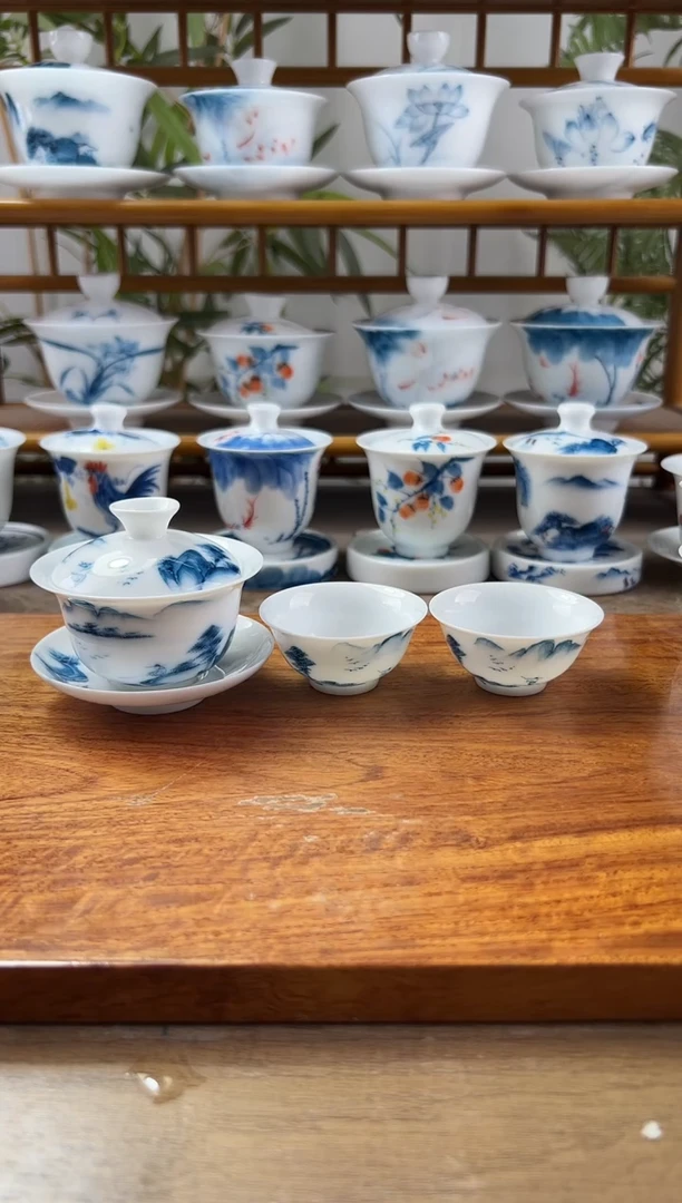 微瑕寒江独钓80ml三才盖碗+小玉兰杯2个