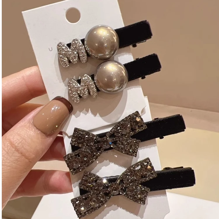2025新款高级感灰色水钻蝴蝶结丝绒鸭嘴夹简约百搭灰珠气质款发夹