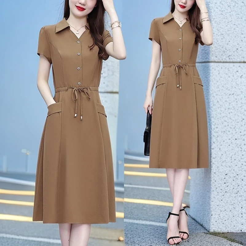 遮肚大码短袖a字裙夏季时尚洋气新款妈妈装连衣裙显瘦收腰中长款