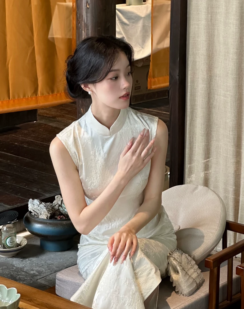 【云墨】纯白色国风少女款长款无袖旗袍春款改良新中式日常可穿旗袍