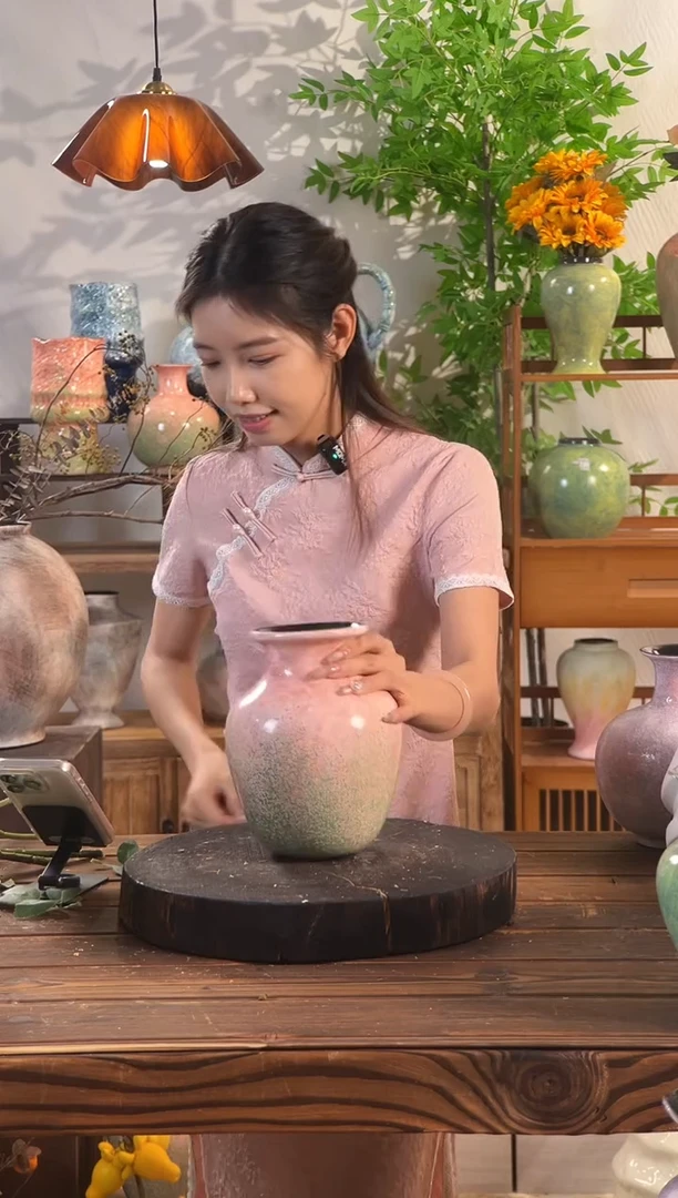 【绿脂凝春-中号胖肚瓶】无孔水培桌面陶瓷花瓶鲜花干花插花花器