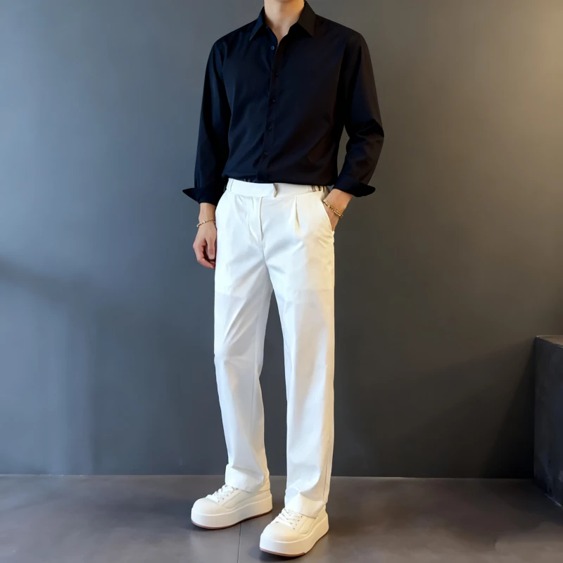 轻奢男装大码潮牌男士时尚秋冬厚款直筒拉腰设计休闲裤阔腿黑色潮