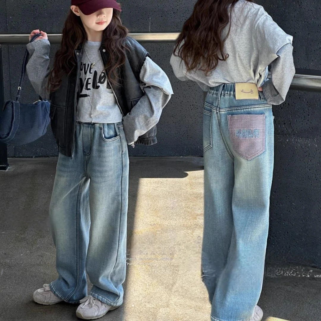 女童牛仔裤春秋款2025新款中大童季时髦女孩牛仔裤直通洋气阔腿裤