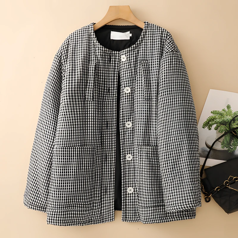 复古纯棉经典黑白格加厚保暖棉服外套女2025秋冬新款大码宽松百搭