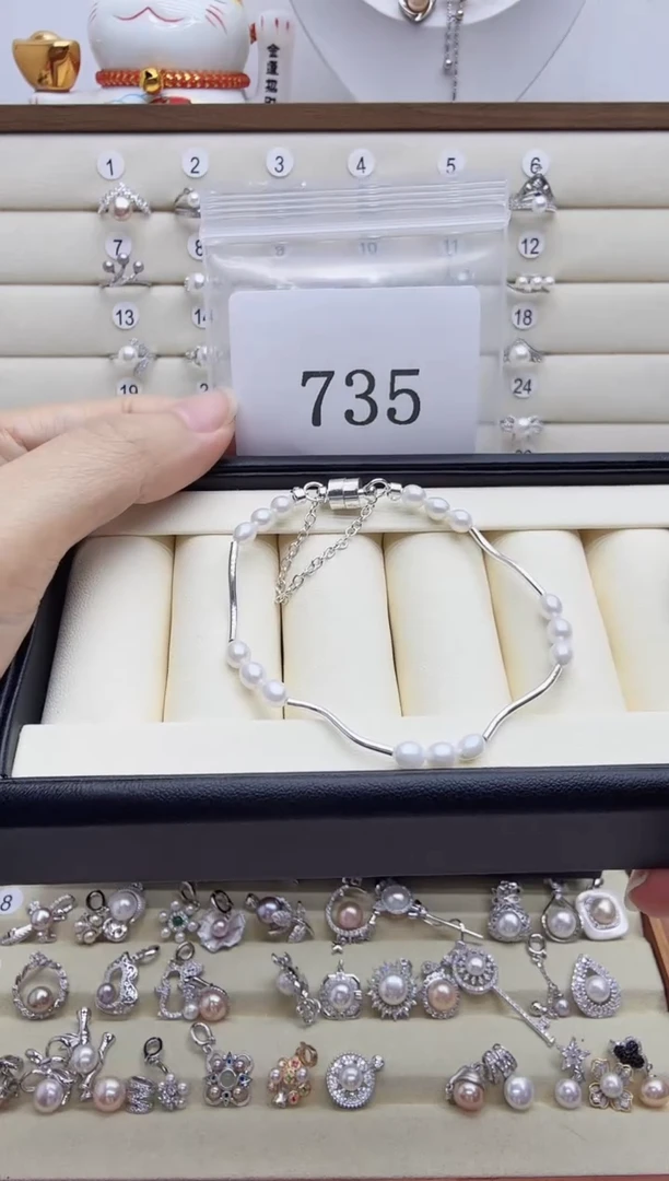 银S925镶嵌手链淡水珍珠?***啊735