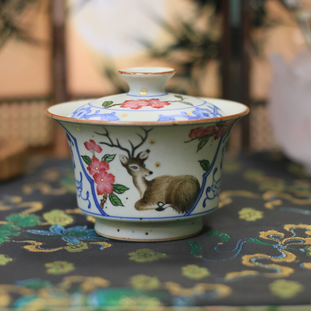 【素谷籣兮】纯手工手绘复古陶瓷家用青花缠枝纹梅花鹿马蹄瓷盖碗