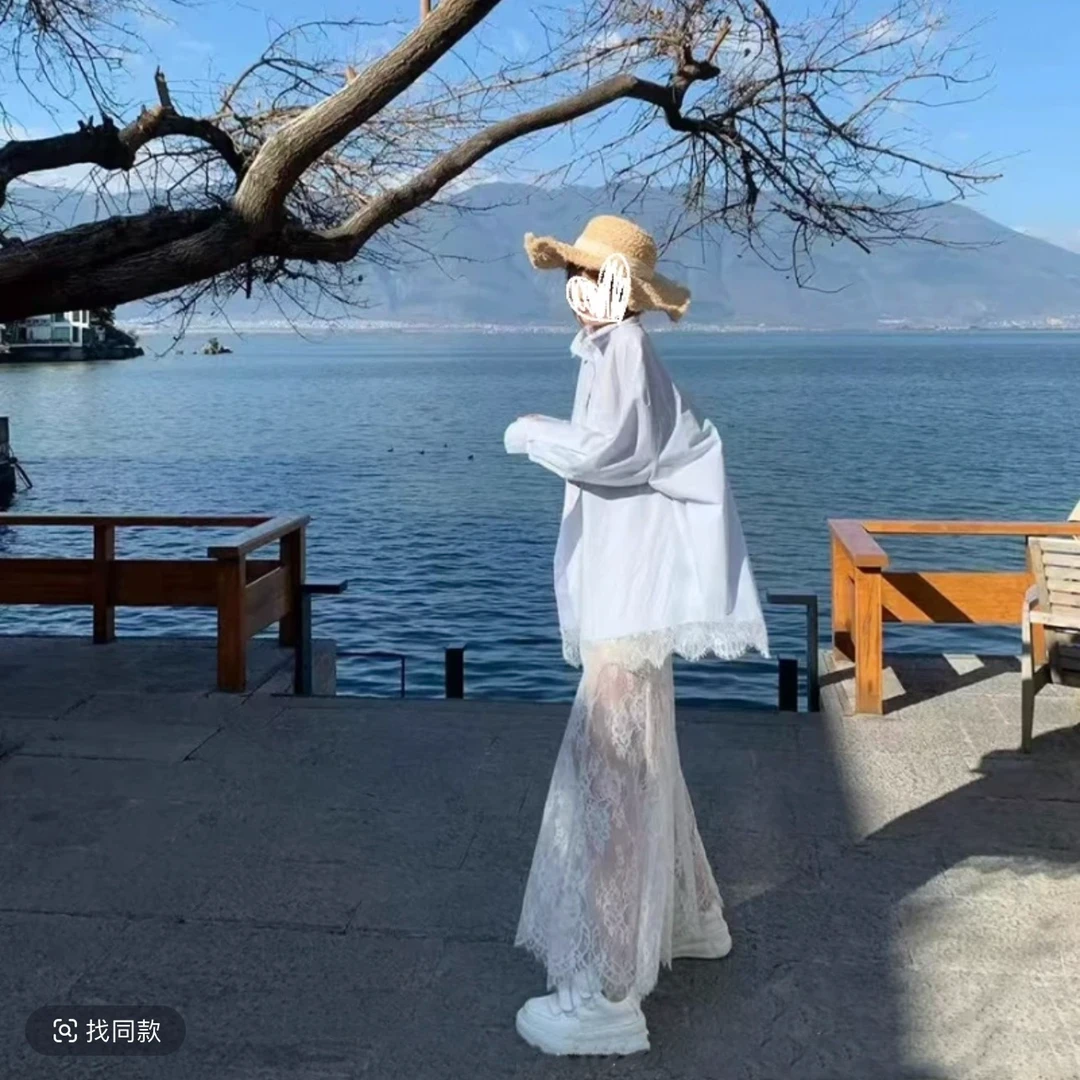 【冰岛慕斯】V领T恤+蕾丝衬衣+蕾丝吊带+显瘦长款蕾丝半身裙 8408#