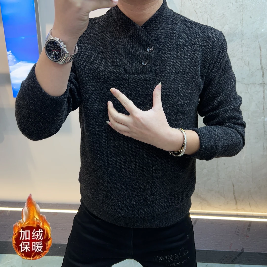 《黑绒扣》欧货男装时尚休闲轻奢加绒保暖百搭透气上衣潮流修身型