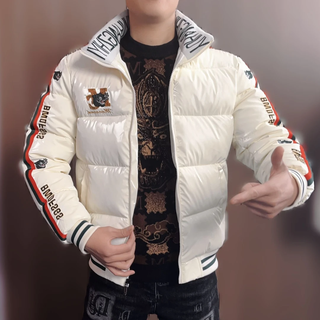 冬季新款男士潮流时尚帅气百搭高品质亮面刺绣立领休闲保暖棉服